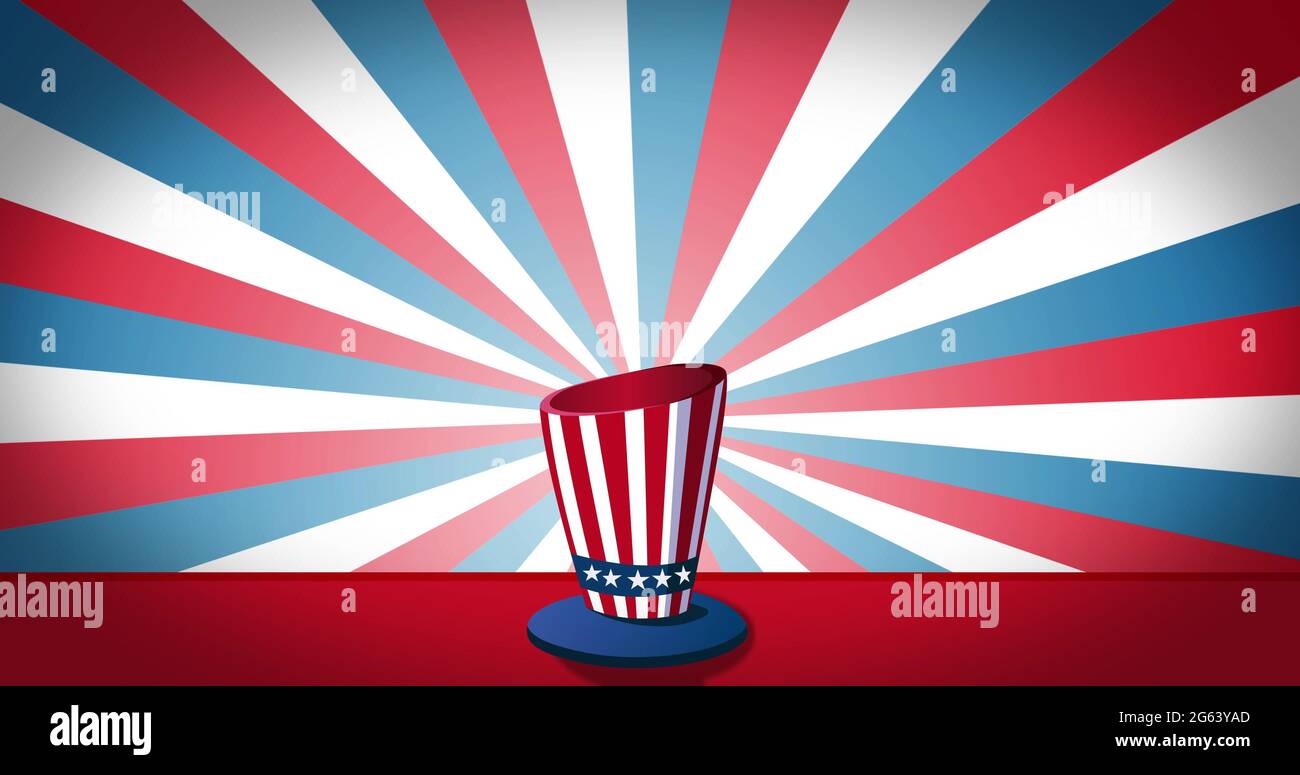 Image of hat in white over white, blue and red stripes of American flag spinning in the backgrou Stock Photo