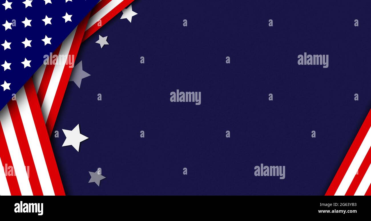 Image of white stars flickering and American flag surround moving on blue background. Stock Photo
