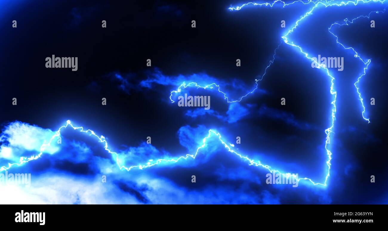 Glowing blue lightning bolts of electrical current moving wildly on dark sky background Stock