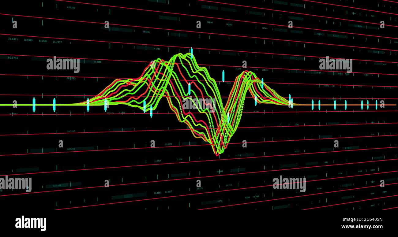 Multicolored graph and red lines against black background Stock Photo