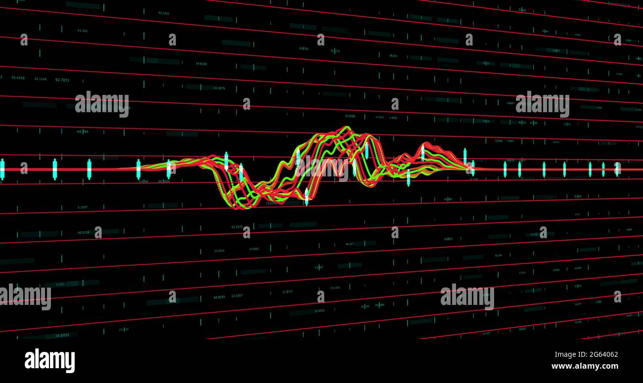 Multicolored graph and red lines against black background Stock Photo