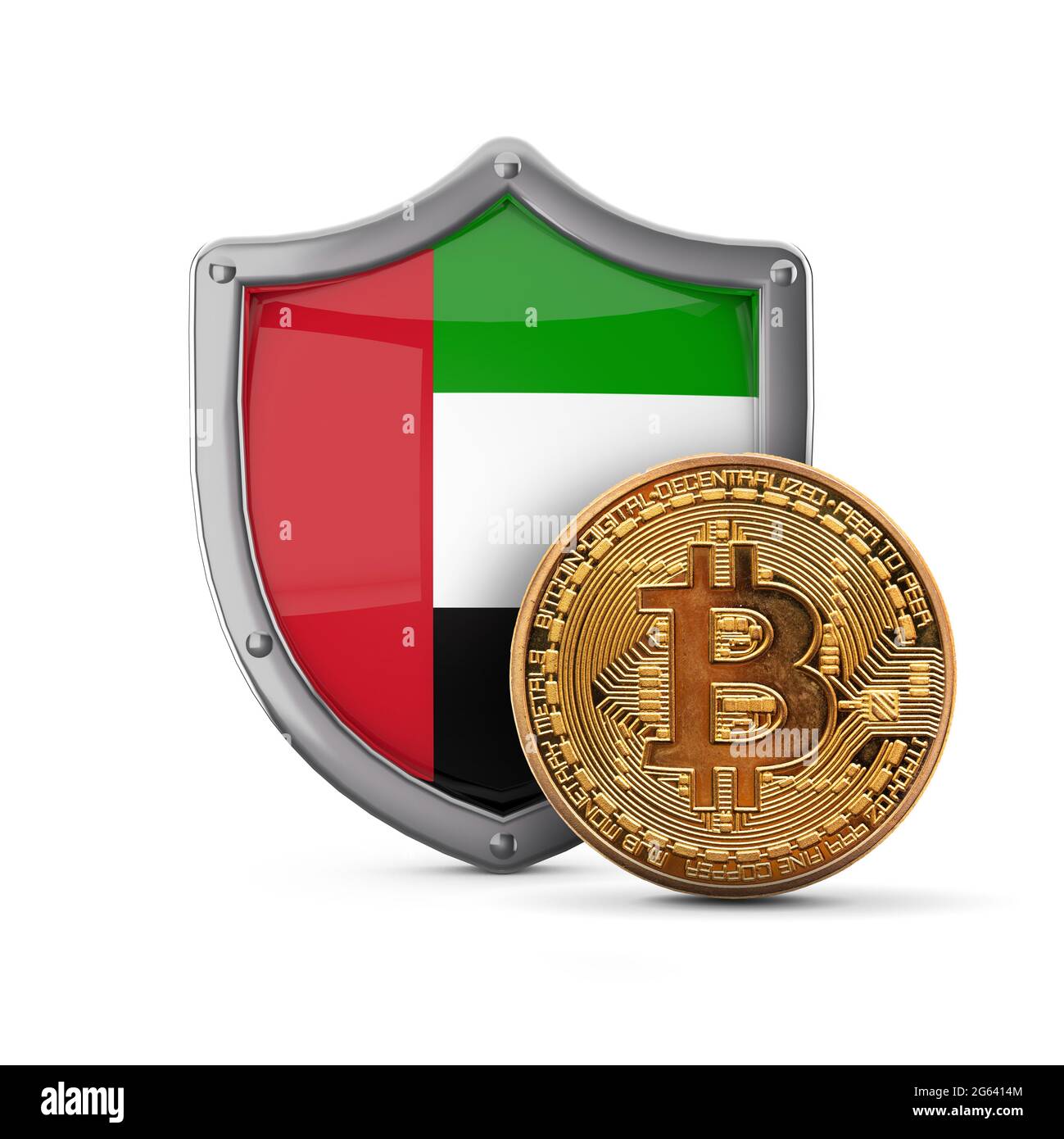 Bitcoin cryptocurrency coin in front of a UAE flag shield. 3D Render Stock  Photo - Alamy