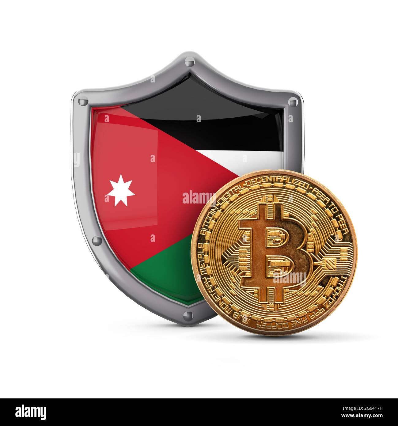 Bitcoin cryptocurrency coin in front of a Jordan flag shield. 3D Render