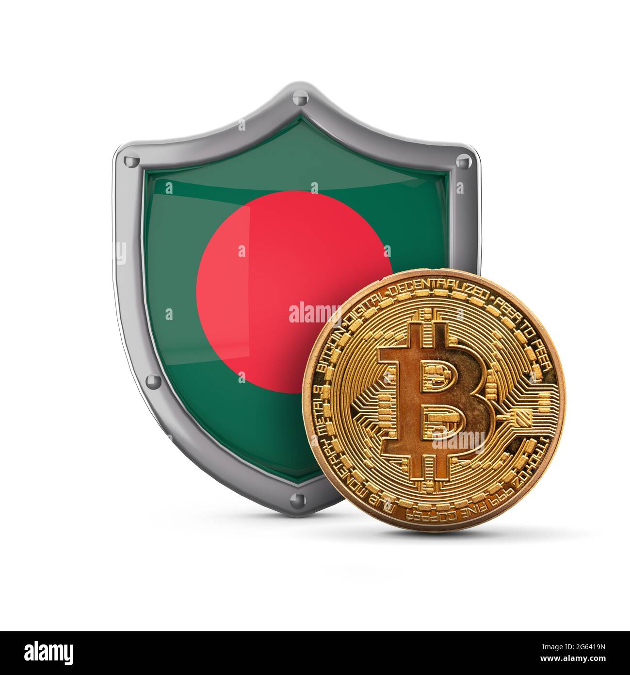 Bitcoin cryptocurrency coin in front of a Bangladesh flag shield. 3D Render  Stock Photo - Alamy