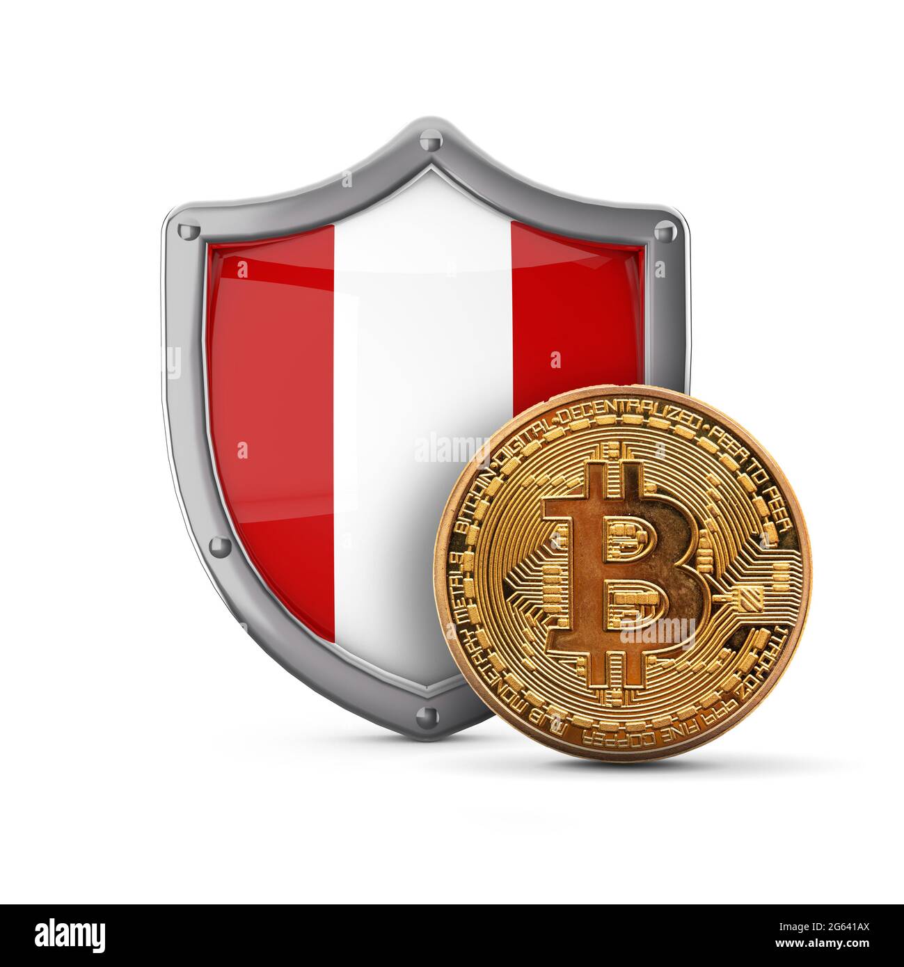 Bitcoin cryptocurrency coin in front of a Peru flag shield. 3D Render Stock  Photo - Alamy