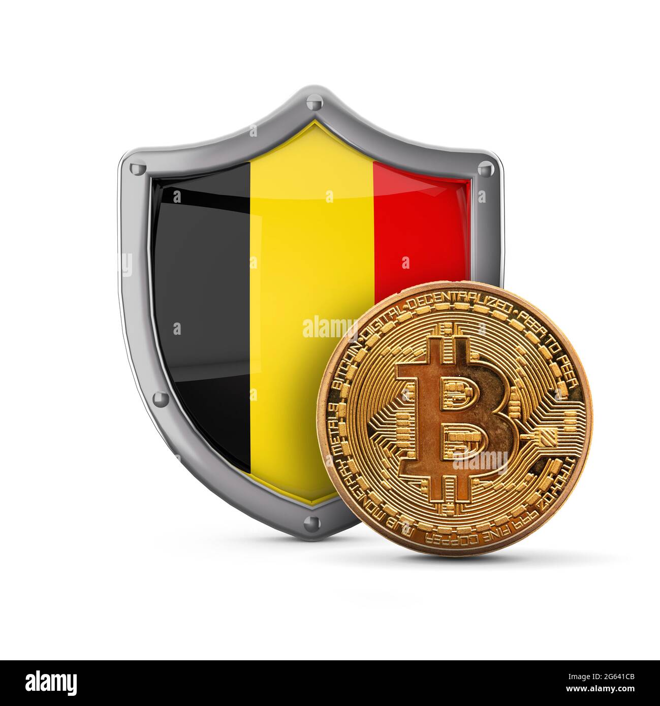 Bitcoin cryptocurrency coin in front of a Belgium flag shield. 3D Render  Stock Photo - Alamy