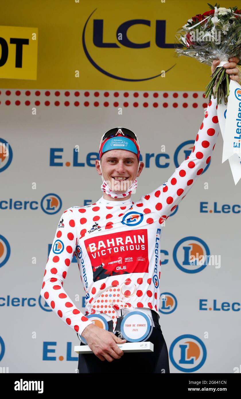 Cycling - Tour de France - Stage 7 - Vierzon to Le Creusot - France - July  2, 2021 Bahrain Victorious rider Matej Mohoric of Slovenia wearing the polka -dot jersey celebrates on