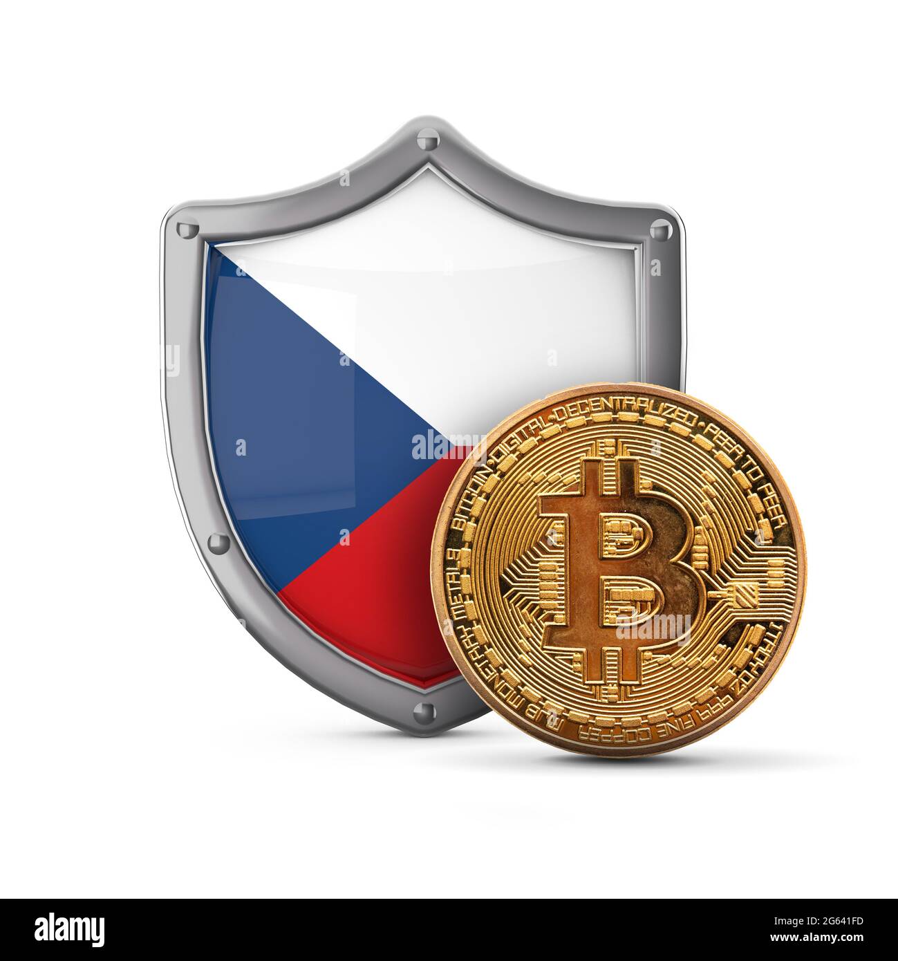 Bitcoin cryptocurrency coin in front of a Czech Republic flag shield. 3D  Render Stock Photo - Alamy
