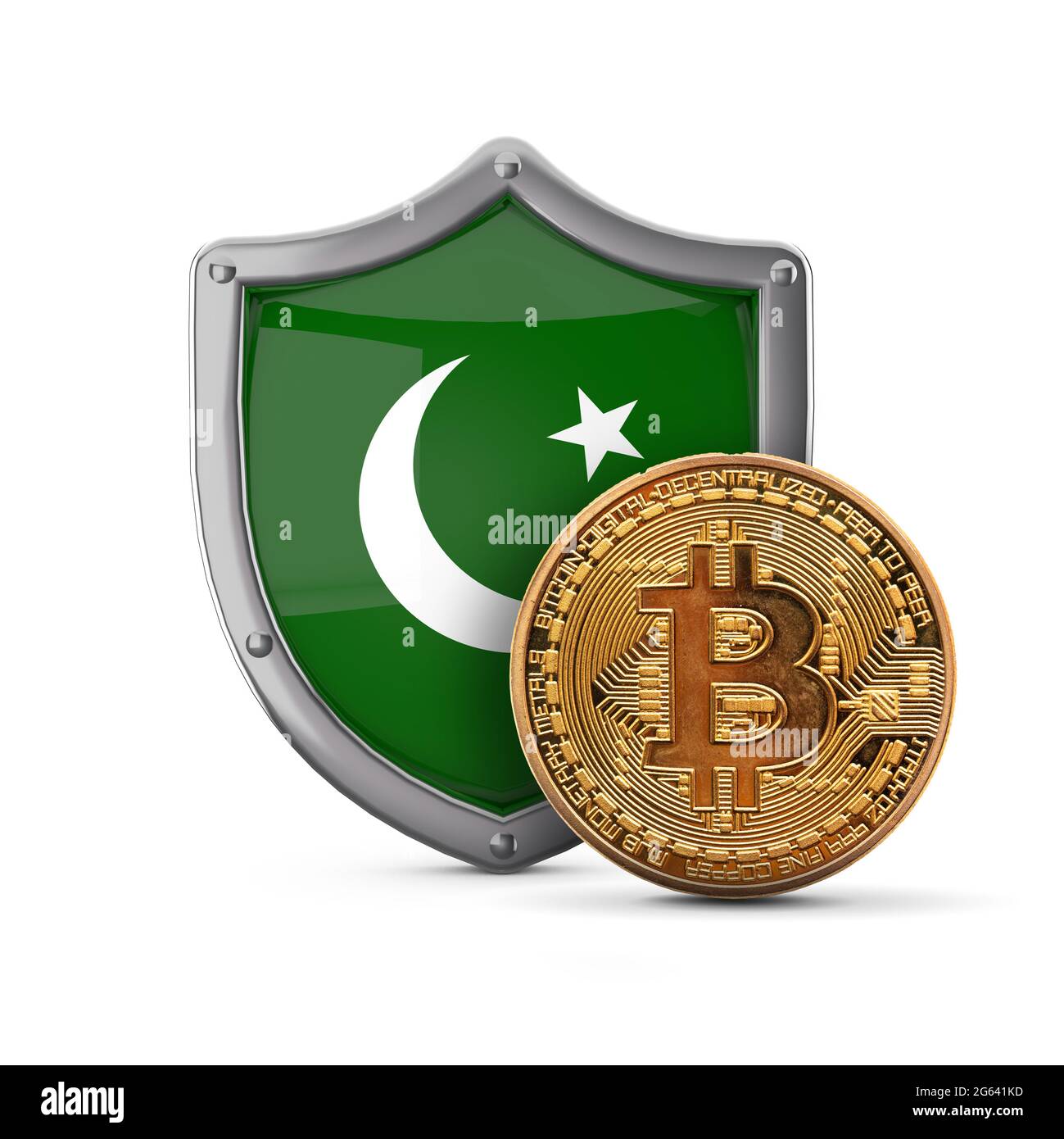 Bitcoin cryptocurrency coin in front of a Pakistan flag shield. 3D Render  Stock Photo - Alamy