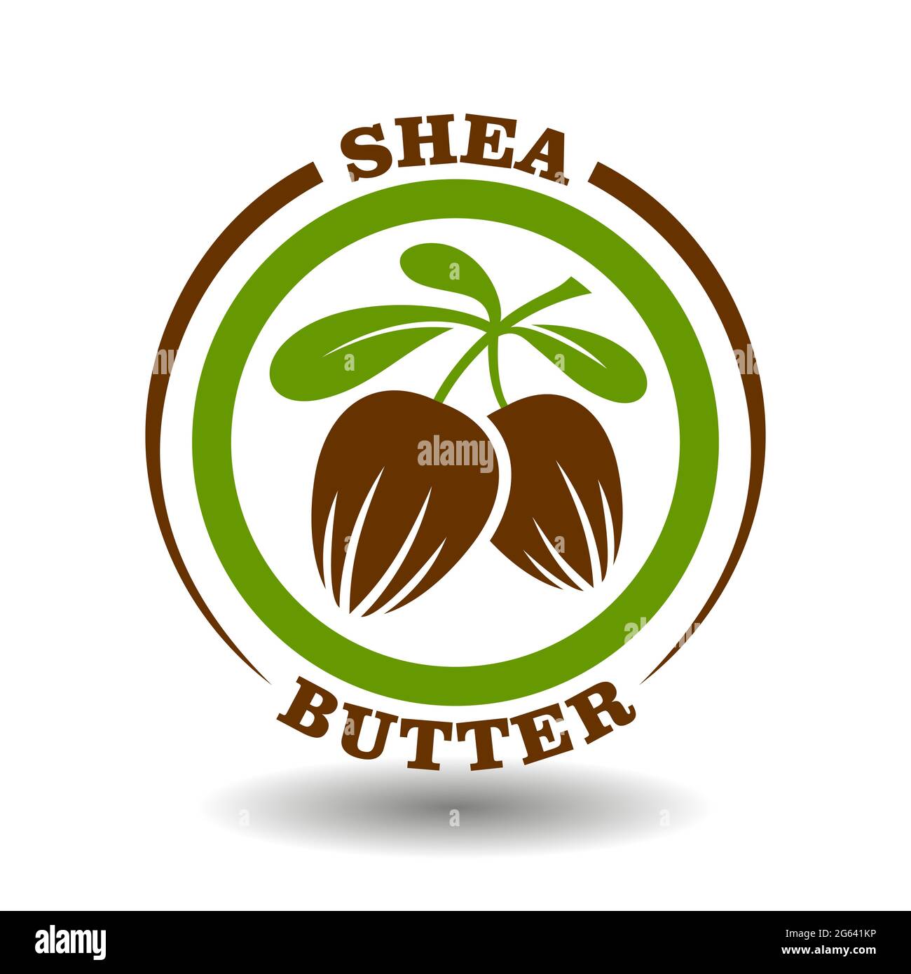 Vector circle logo Shea butter with green leaves branch and brown nuts symbol in round pictogram for organic cosmetics sign, natural food labeling tag Stock Vector