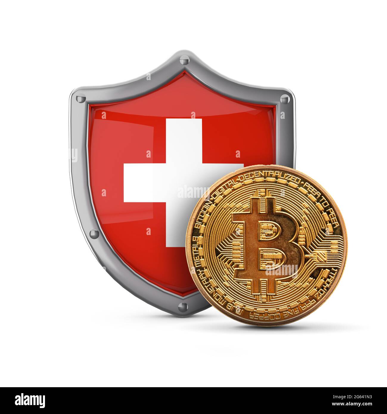 Bitcoin cryptocurrency coin in front of a Switzerland flag shield. 3D  Render Stock Photo - Alamy