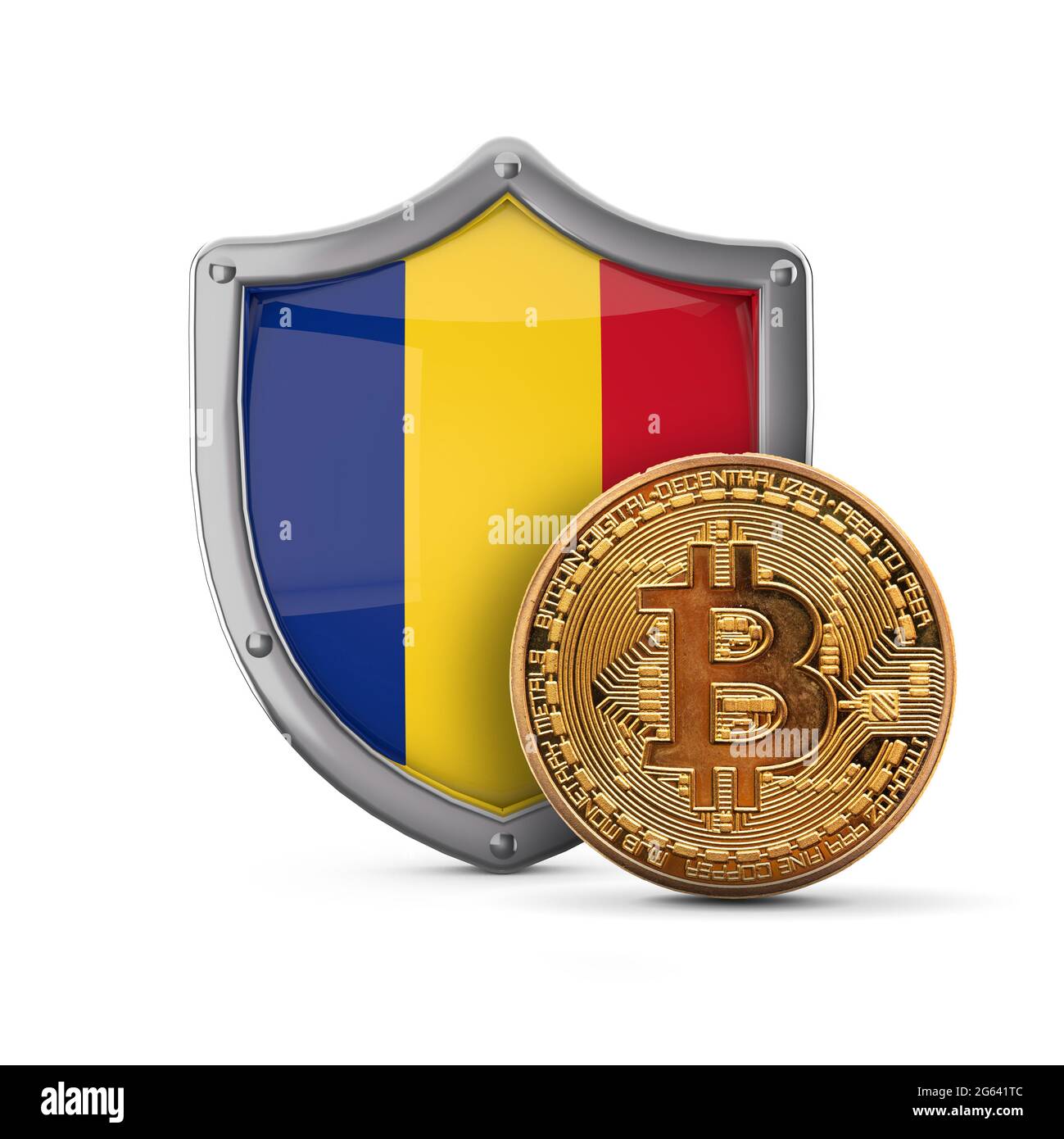 Bitcoin cryptocurrency coin in front of a Romania flag shield. 3D Render Stock Photo