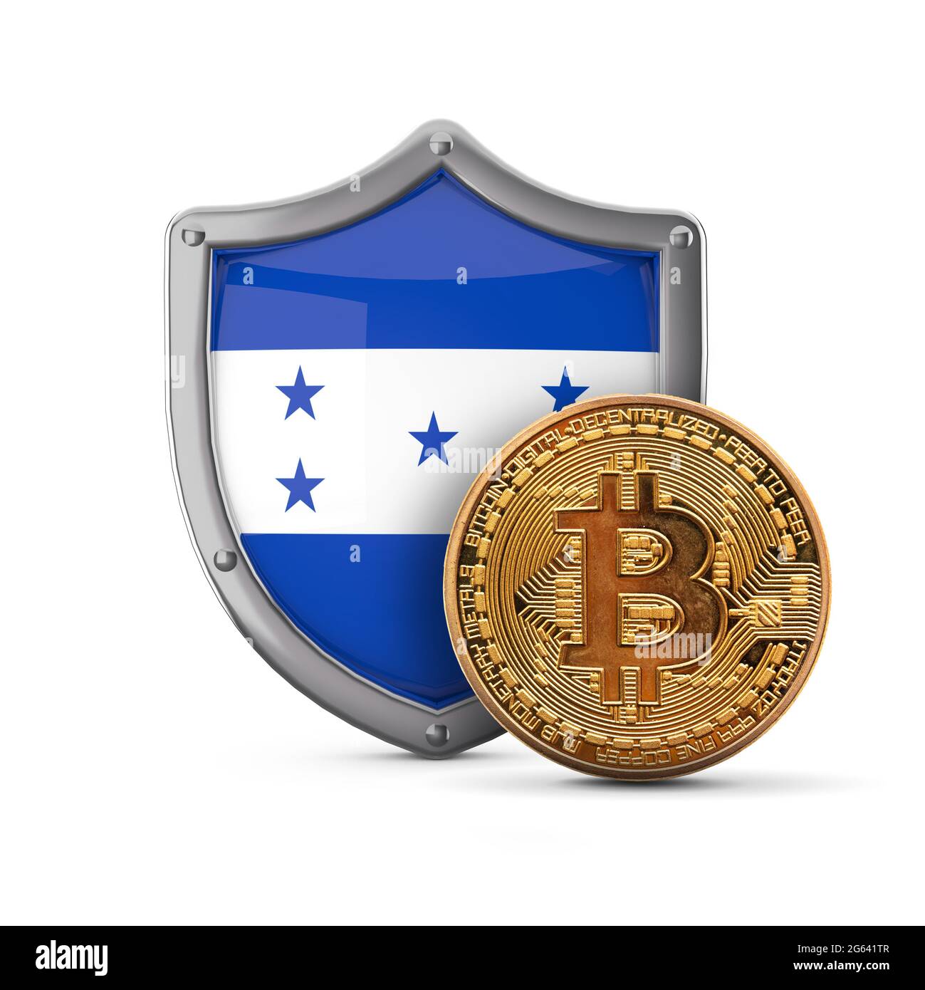 Bitcoin cryptocurrency coin in front of a Honduras flag shield. 3D Render  Stock Photo - Alamy