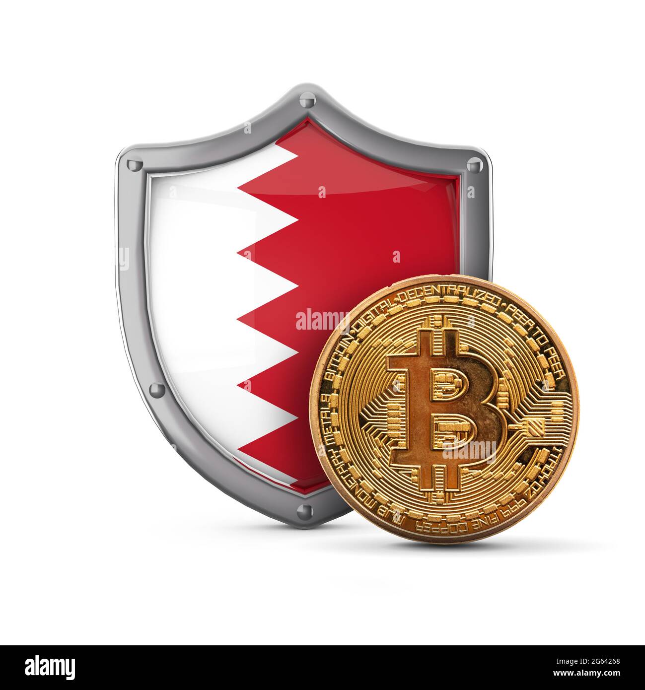 Bitcoin cryptocurrency coin in front of a Bahrain flag shield. 3D Render  Stock Photo - Alamy