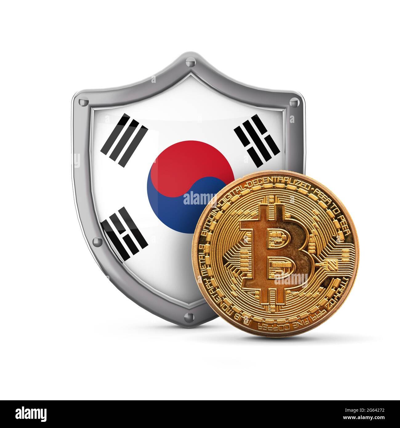 Bitcoin cryptocurrency coin in front of a South Korea flag shield. 3D  Render Stock Photo - Alamy