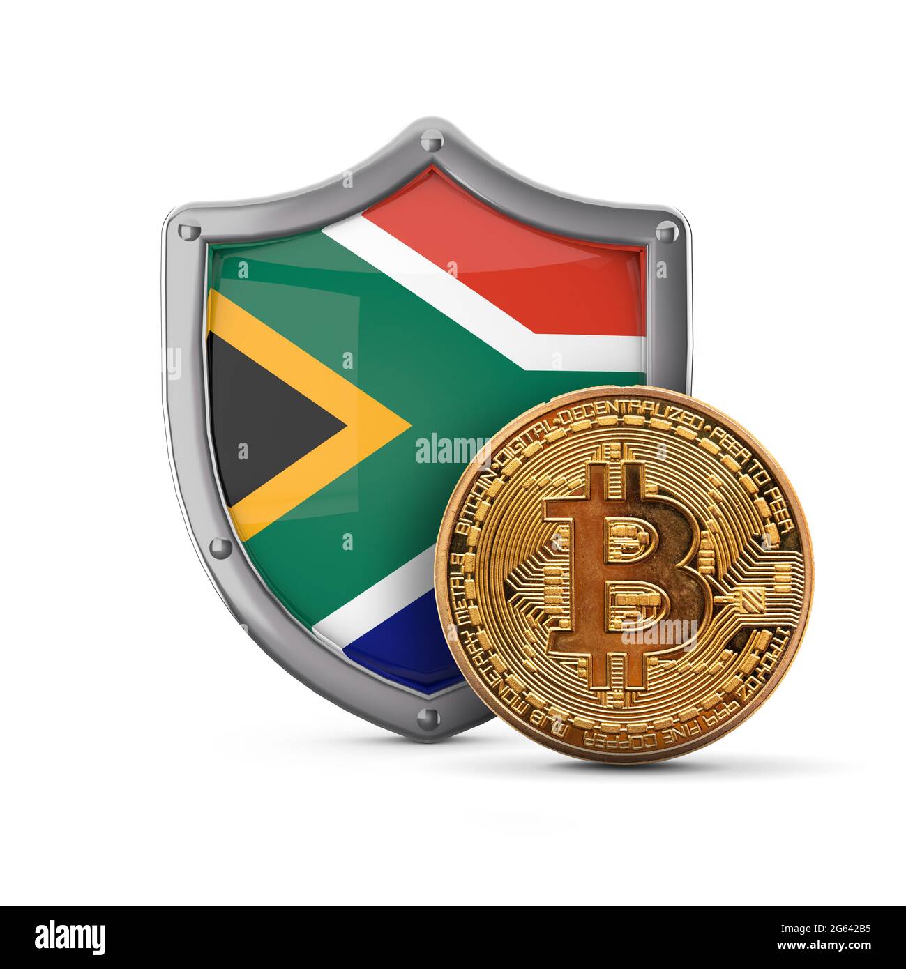 Bitcoin cryptocurrency coin in front of a South Africa flag shield. 3D  Render Stock Photo - Alamy