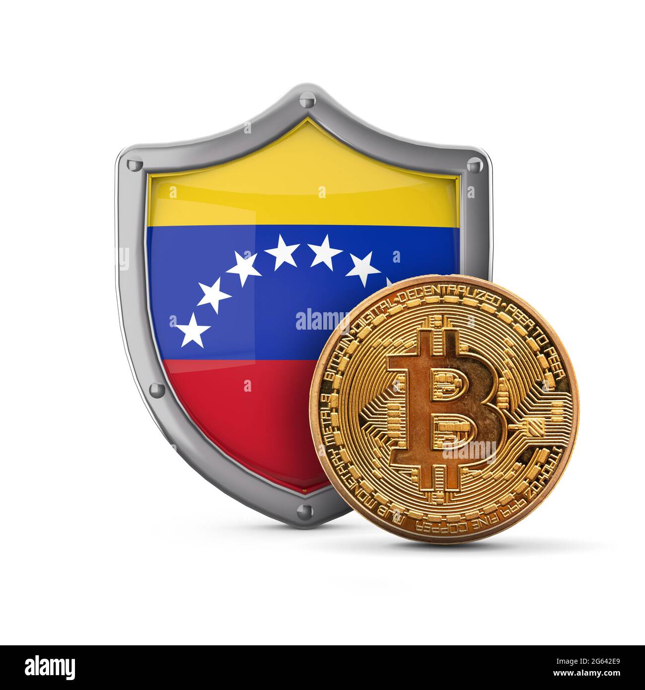 Bitcoin cryptocurrency coin in front of a Venezuela flag shield. 3D Render  Stock Photo - Alamy