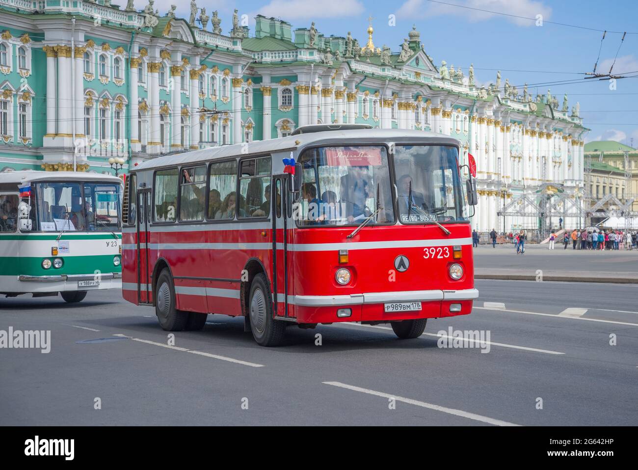 SAINT PETERSBURG, RUSSIA - MAY 21, 2017: Red Soviet city bus LAZ-695N on the background of the Winter Palace. Retro transport parade in honor of the c Stock Photo