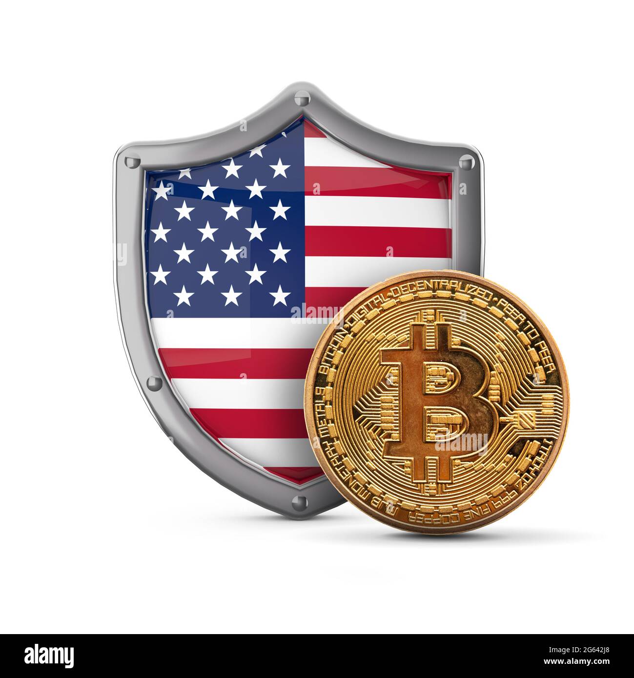 Bitcoin cryptocurrency coin in front of a USA flag shield. 3D Render Stock Photo