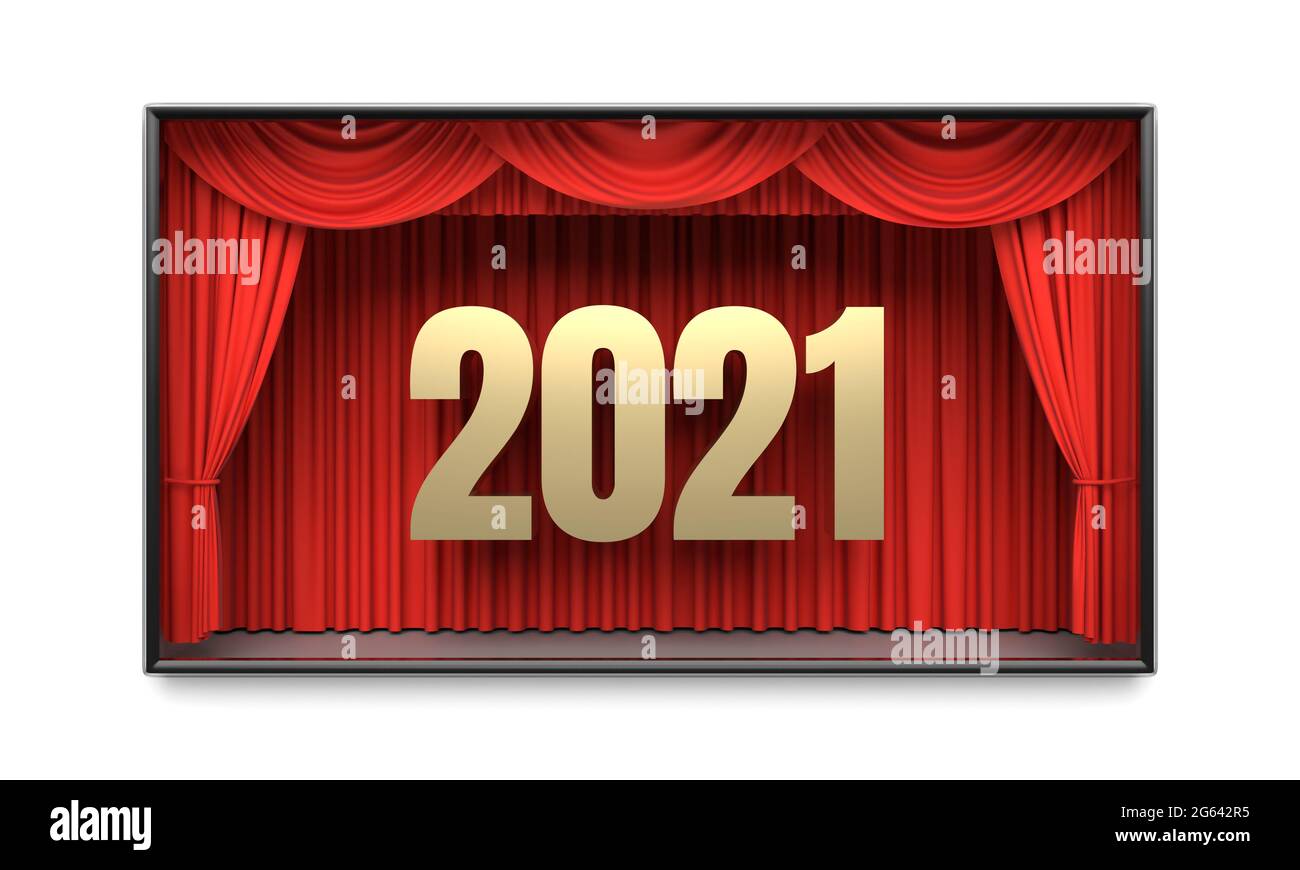 Happy New Year greeting card with 2021 and red curtains Stock Photo