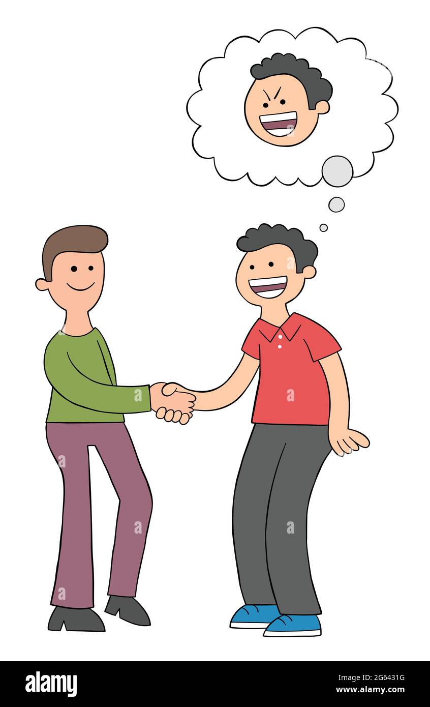 Cartoon two men shake hands and look happy but one of them is malicious, vector illustration. Colored and black outlines Stock Vector Image & Art - Alamy Cartoon two men shake hands and look happy but one of them is malicious, vector illustration. Colored and black outlines Stock Vector Image & Art - Alamy