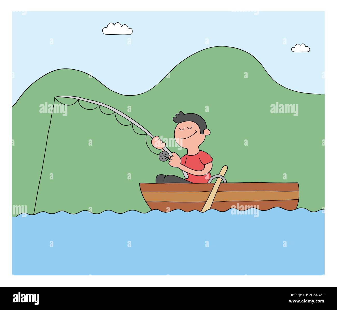 Cartoon man fishing with hook in boat, lake or sea, vector illustration.  Colored and black outlines Stock Vector Image & Art - Alamy