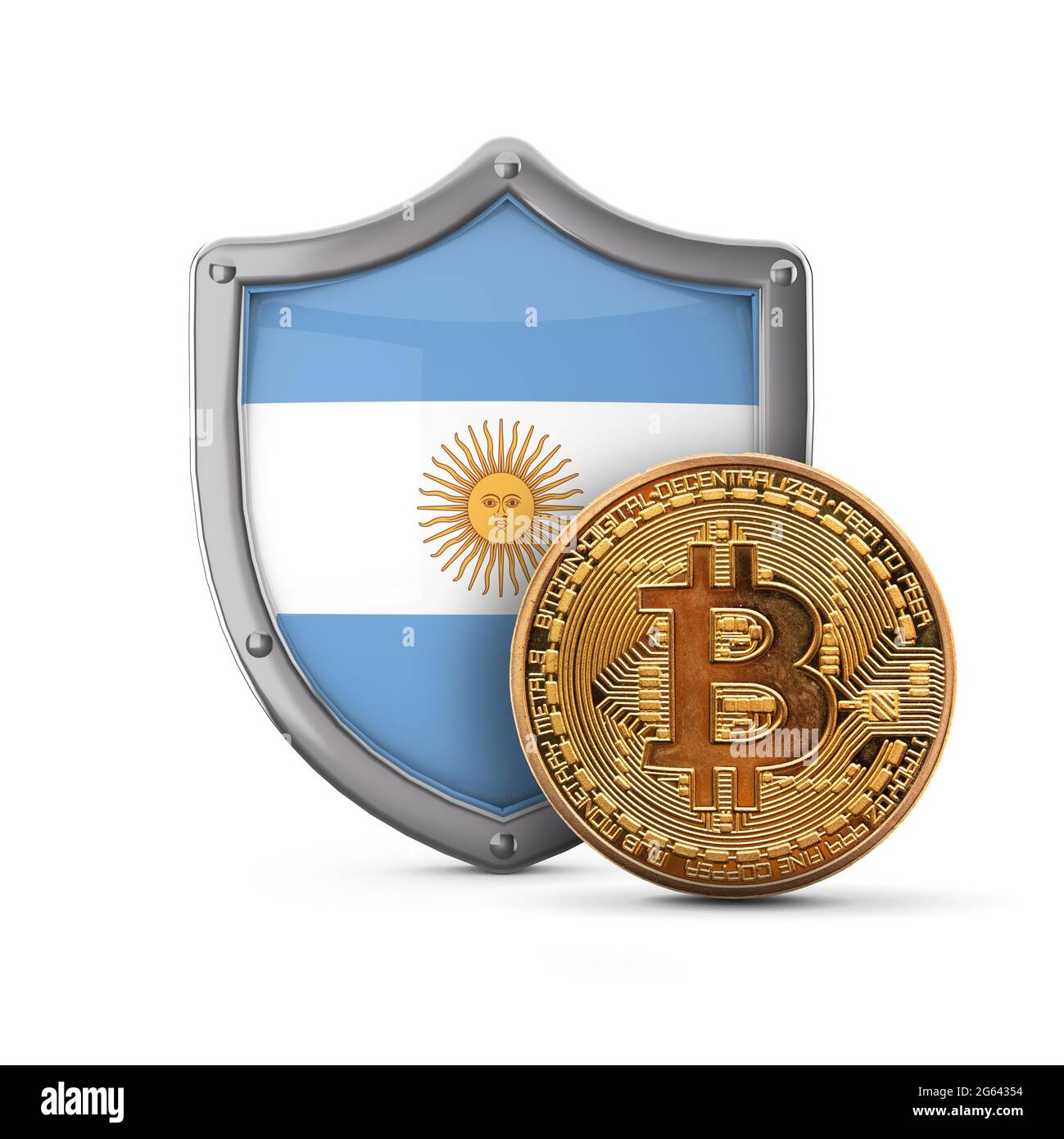 Bitcoin cryptocurrency coin in front of a Argentina flag shield. 3D Render  Stock Photo - Alamy
