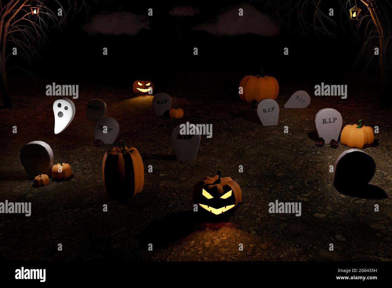 Halloween 3D render of graveyard with luminous halloween pumpkins Jack-o-lantern, ghost, trees and graves. Autumn holidays. Stock Photo