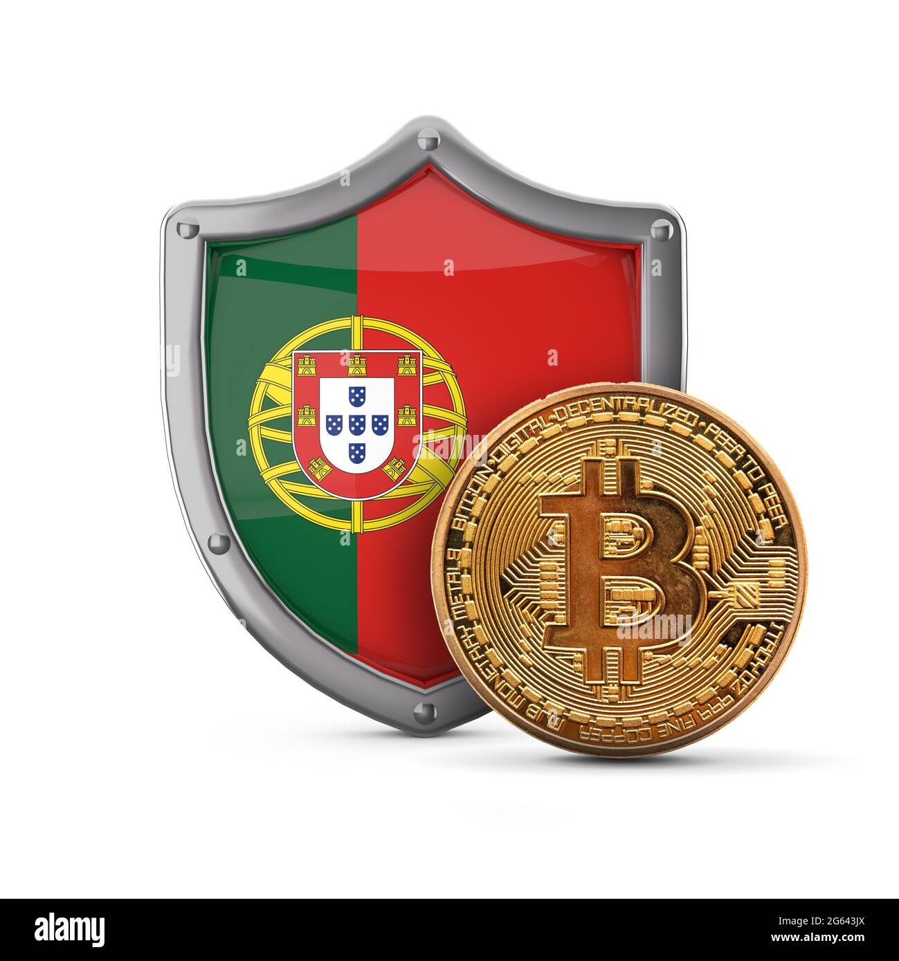 Bitcoin cryptocurrency coin in front of a Portugal flag shield. 3D Render  Stock Photo - Alamy