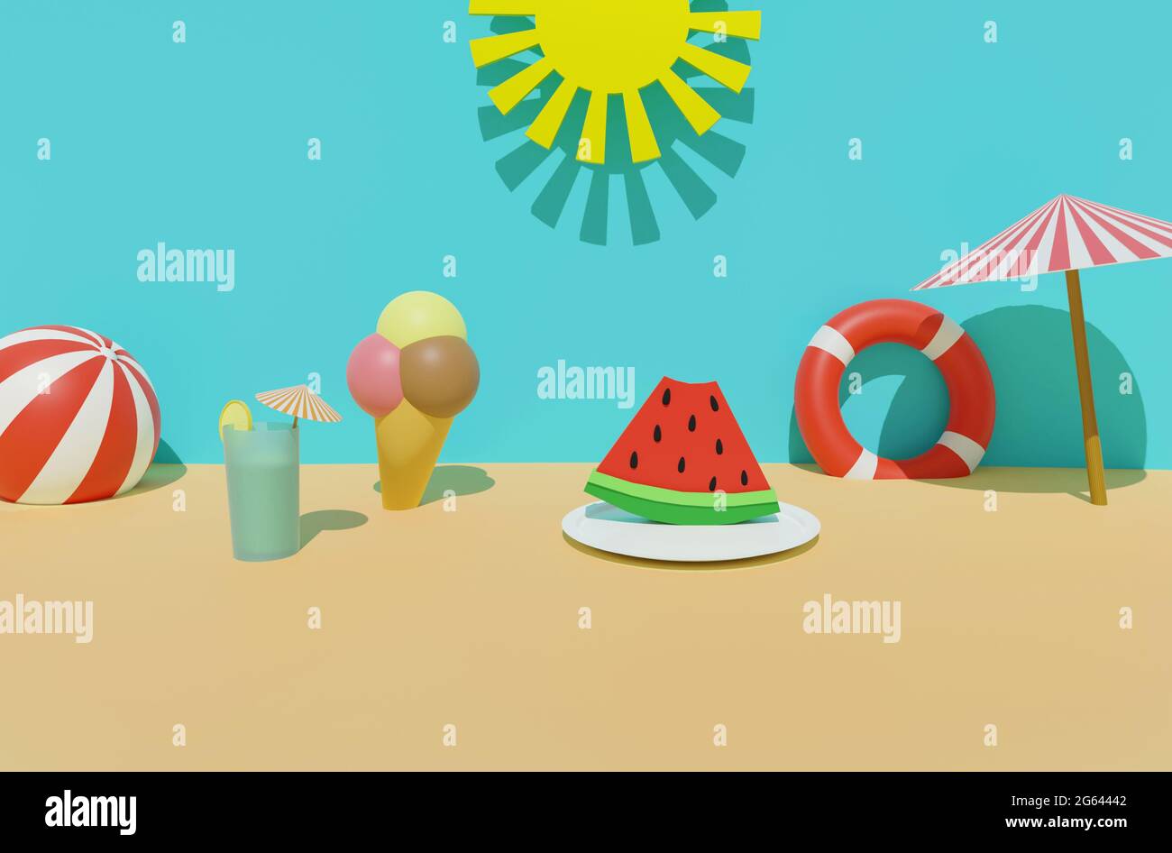 3D render of summer time sand beach with sun, lifebuoy, ball, ice cream, cold drink, sun umbrella and watermelon . Summer travel vacation, summer food Stock Photo