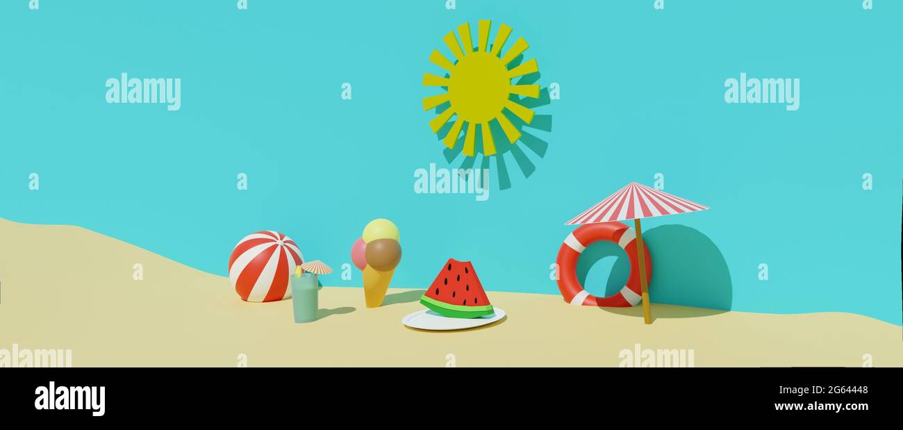3D render of summertime sand beach with sun, lifebuoy, ball, ice cream, sun umbrella, cold drink and watermelon . Summer travel vacation, summer food Stock Photo