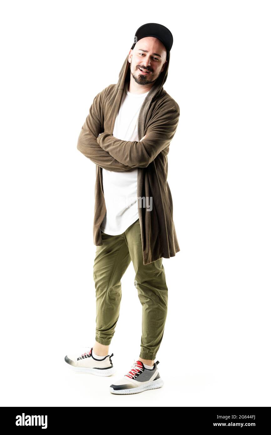 Confident happy young stylish trendy hipster man in cardigan with crossed  arms smiling. Full body portrait isolated on white background Stock Photo -  Alamy
