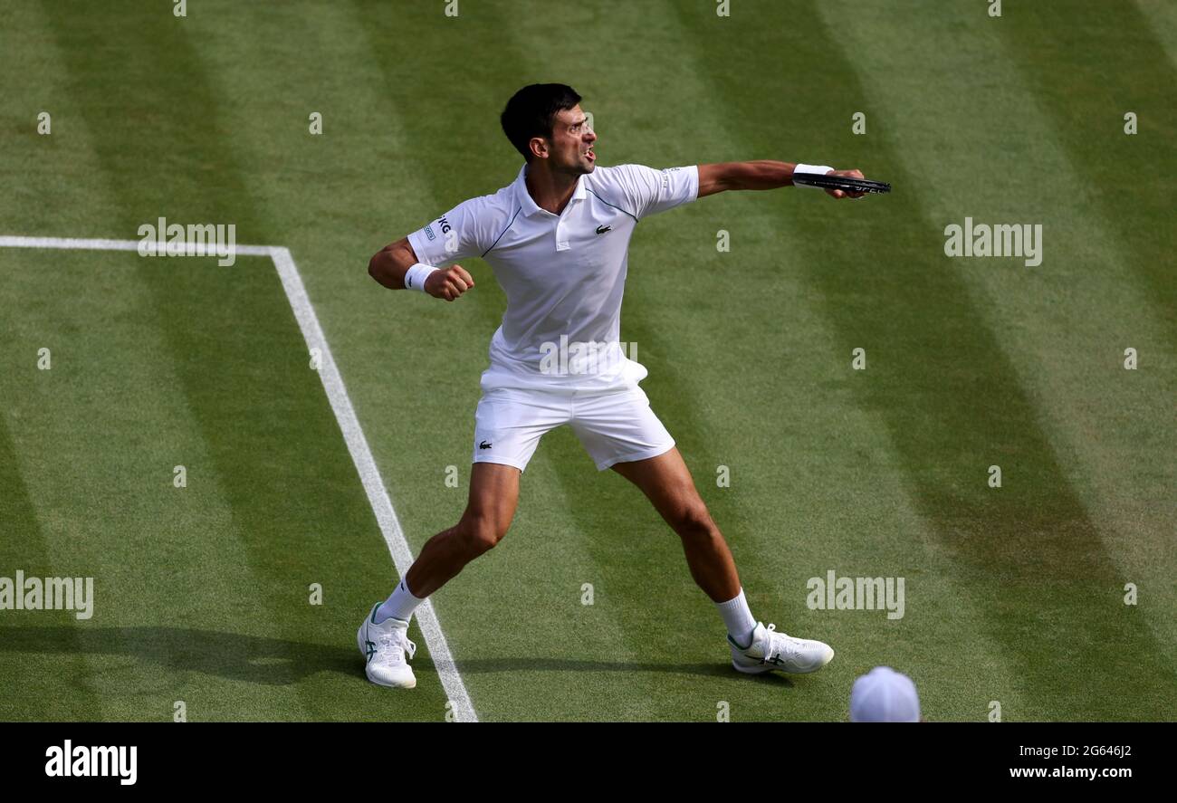 Novak Djokovic celebrates against Denis Kudla on day five of Wimbledon