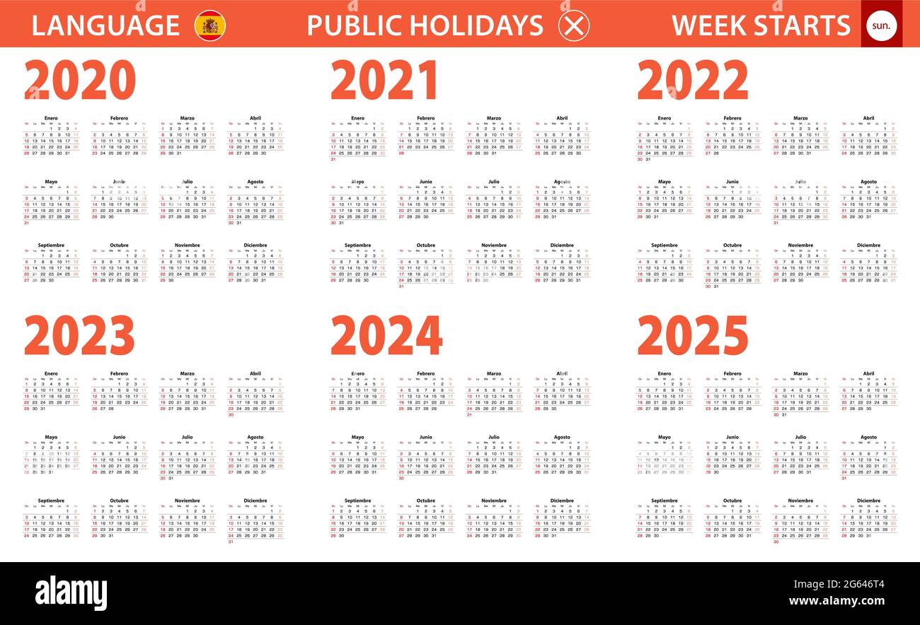 20202025 year calendar in Spanish language, week starts from Sunday