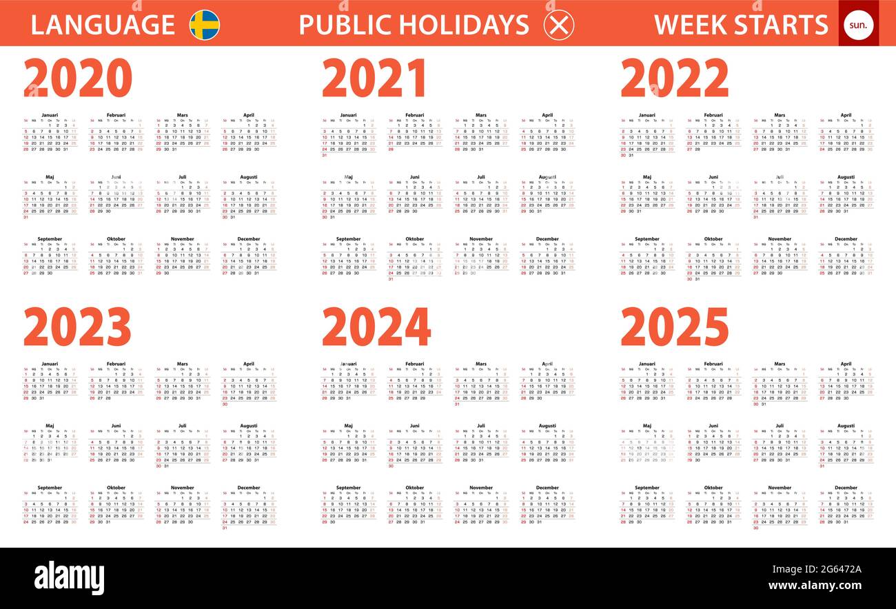 20202025 year calendar in Swedish language, week starts from Sunday