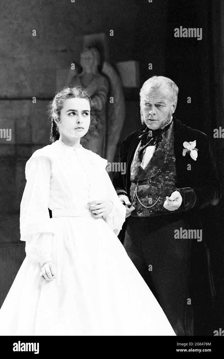 Helena Bonham-Carter (Anne Catherick / Laura Fairlie), Michael Byrne (Count Fosco) in THE WOMAN IN WHITE by Melissa Murray at the Greenwich Theatre, London SE10  05/12/1988  based on the novel by Wilkie Collins  design: Alexandra Byrne  lighting: Mick Hughes  director: Sue Dunderdale Stock Photo