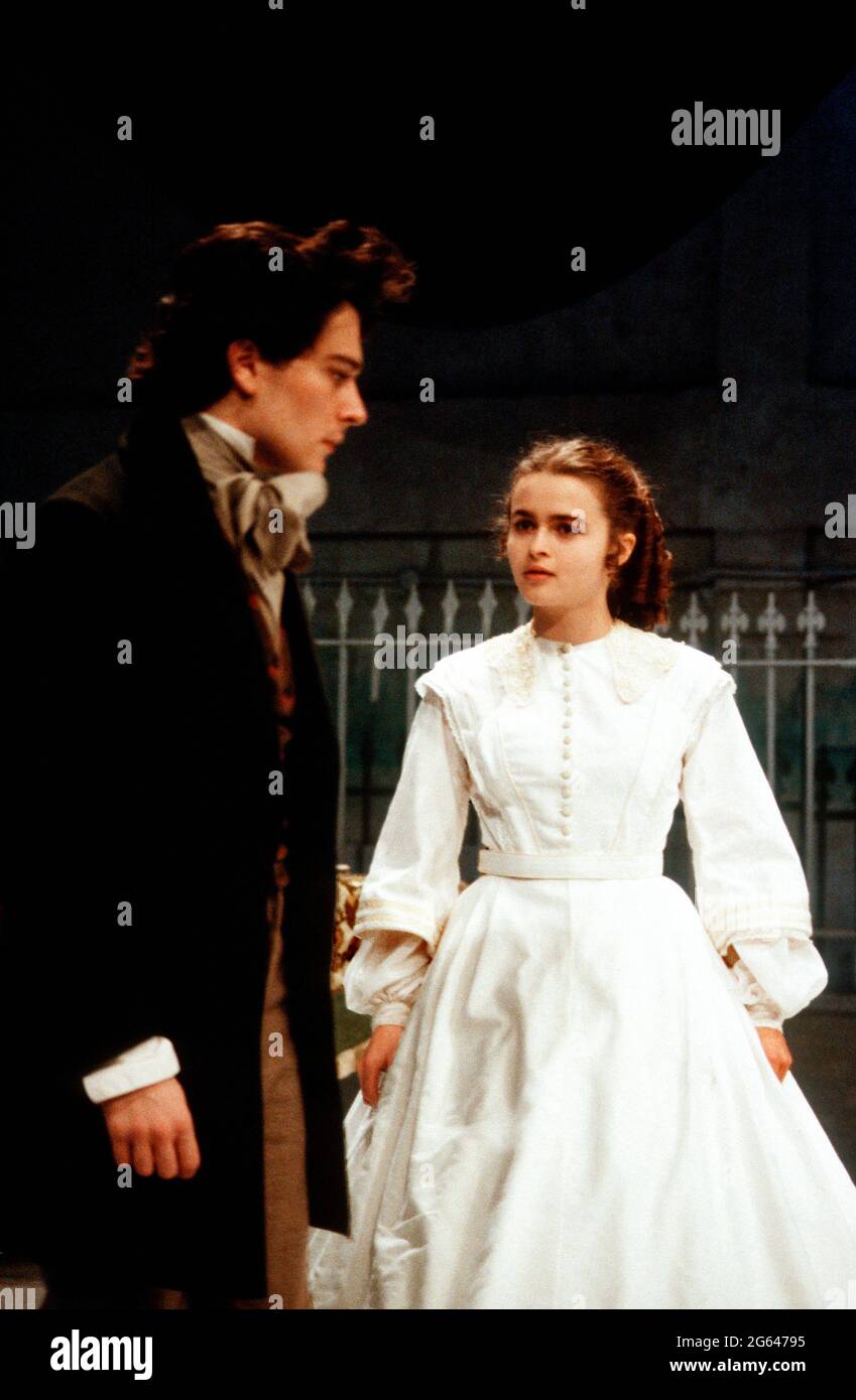 Gerard Logan (Walter Hartright), Helena Bonham-Carter (Anne Catherick / Laura Fairlie) in THE WOMAN IN WHITE by Melissa Murray at the Greenwich Theatre, London SE10  05/12/1988  based on the novel by Wilkie Collins  design: Alexandra Byrne  lighting: Mick Hughes  director: Sue Dunderdale Stock Photo