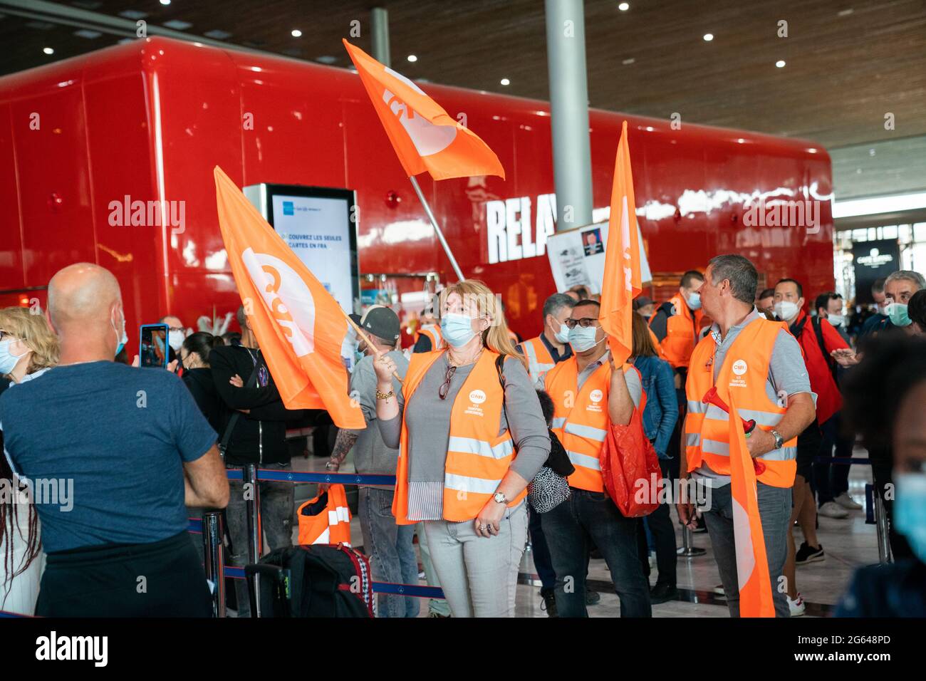 Charles De Gaulle Paris airport workers block terminal to protest for protest. It is the largest
