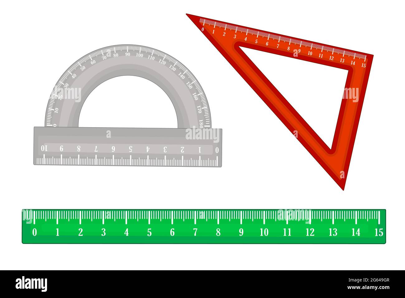 Set of rulers isolated on white background. Collection of measuring tools, ruler, triangle, protractor.  Rulers with metric mm grade. School instrumen Stock Vector