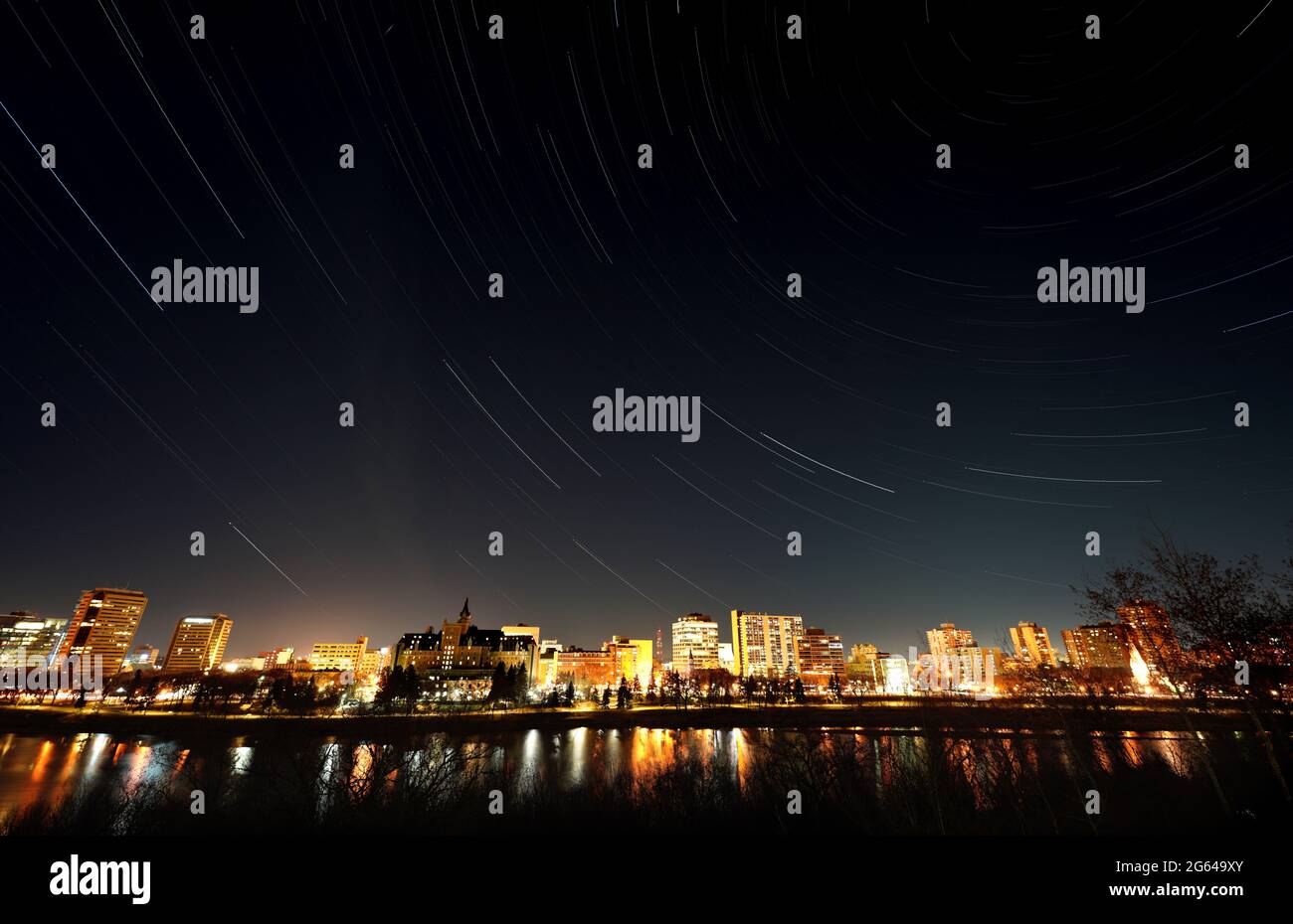 Night Shot Saskatoon Skyline City View River Stock Photo