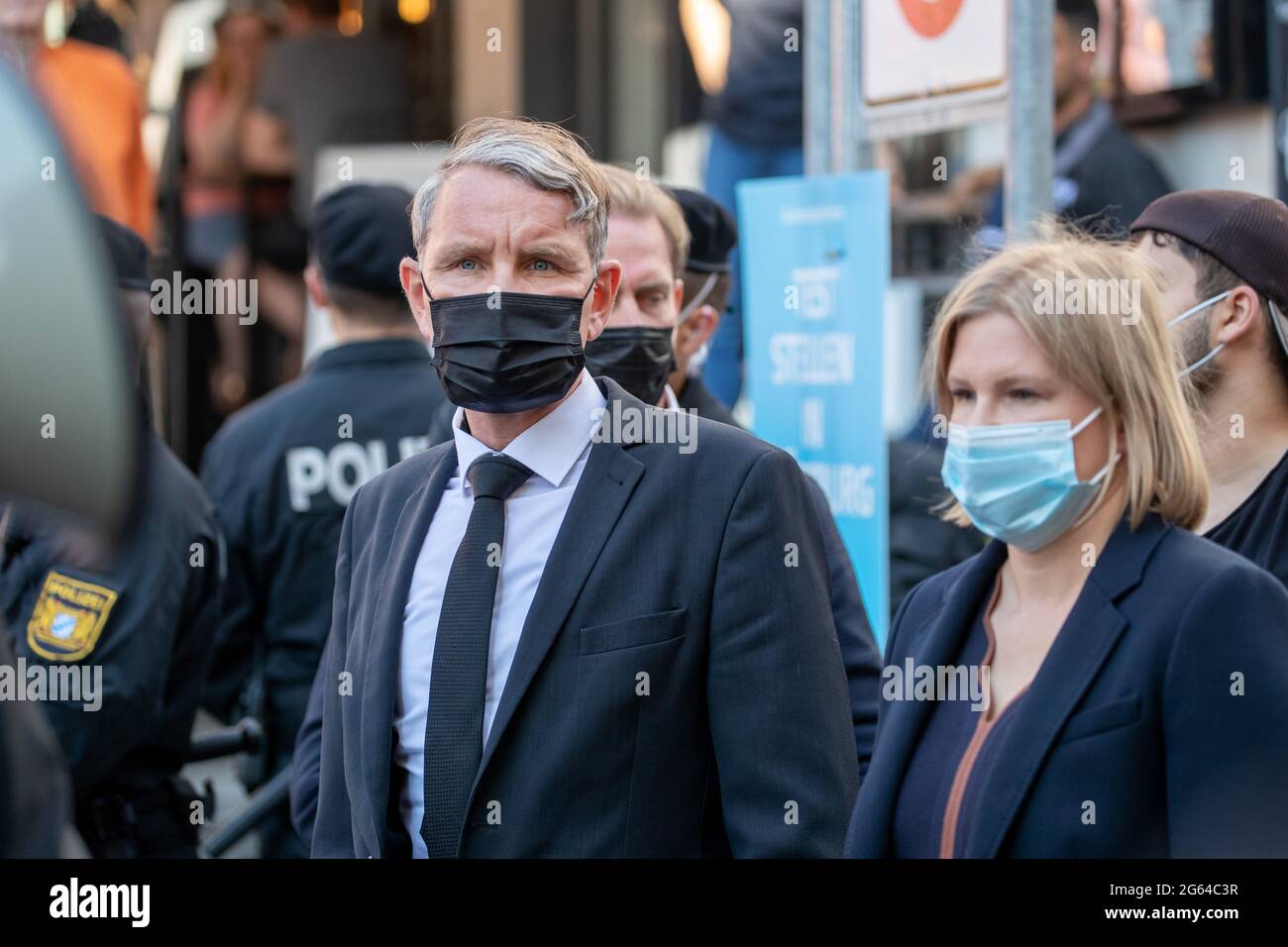 02 July 2021, Bavaria, Würzburg: Björn Höcke (AfD), leader of the AfD  parliamentary group in the Thuringian state parliament, and Katrin  Ebner-Steiner, leader of the AfD parliamentary group in the Bavarian state
