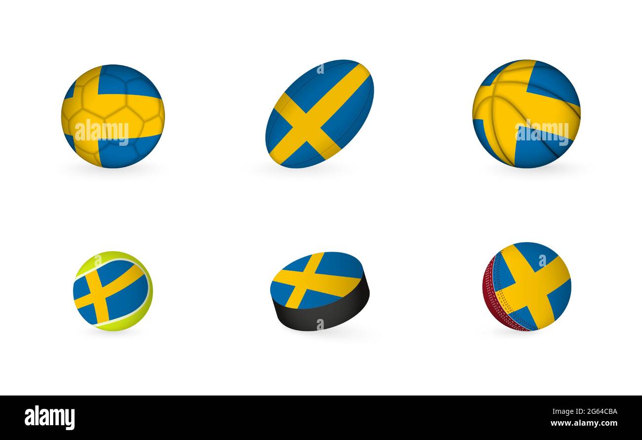 Sports equipment with flag of Sweden. Sports icon set of Football, Rugby, Basketball, Tennis, Hockey, Cricket. Stock Vector