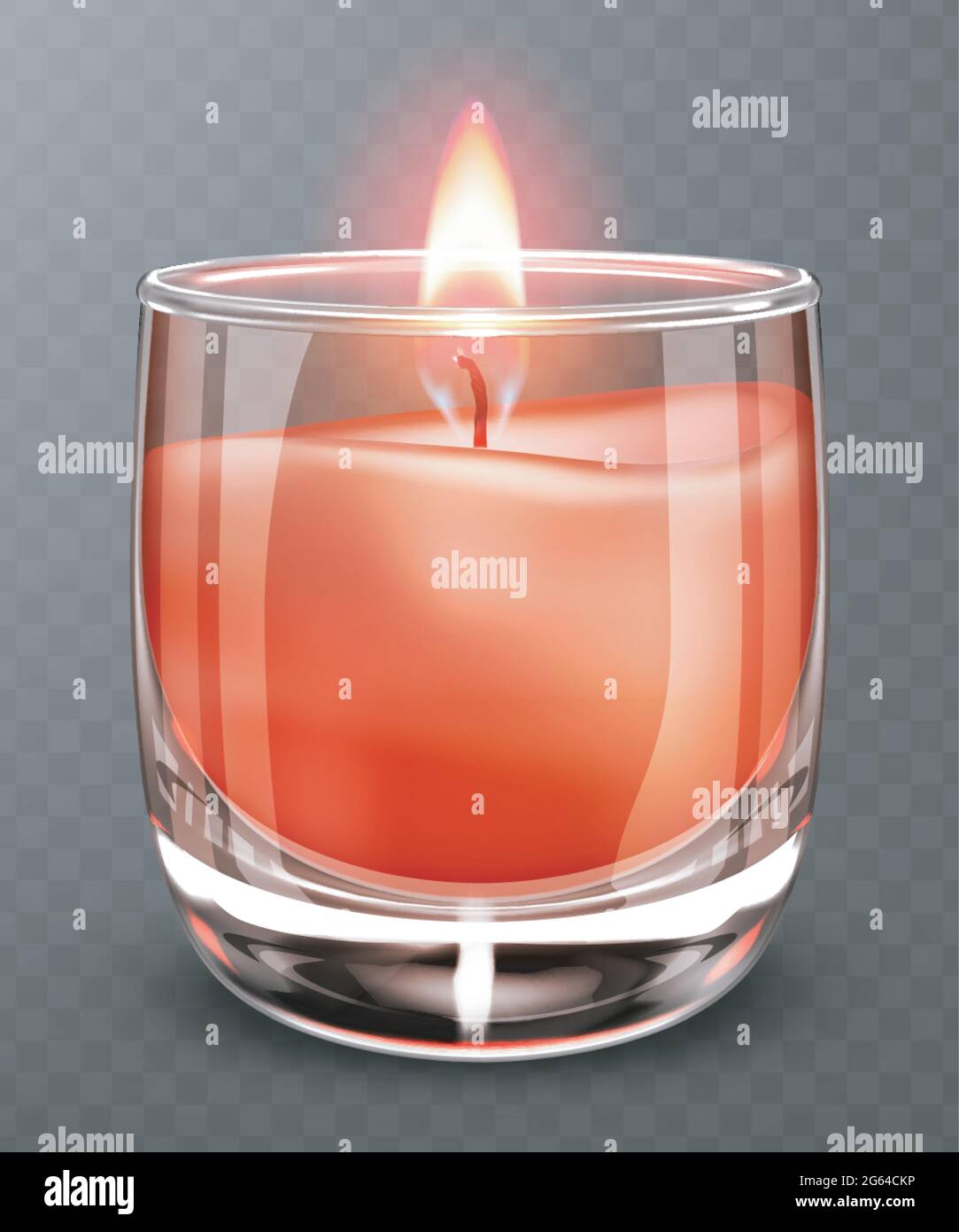 Realistic glass candlestick. Flaming wax candle in glass jar Stock