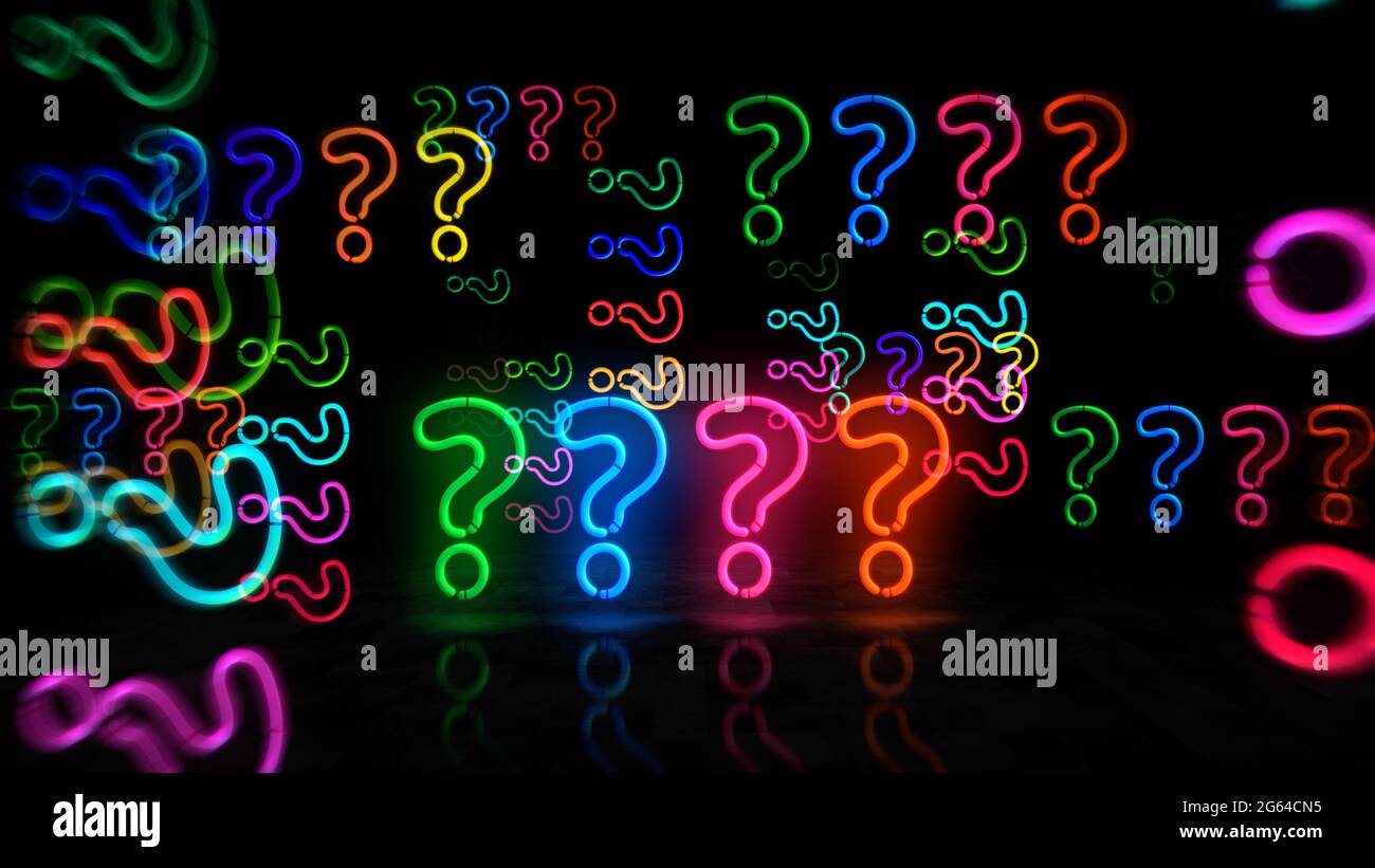 Question mark neon symbol. Light color bulbs with quiz sign. Abstract ...