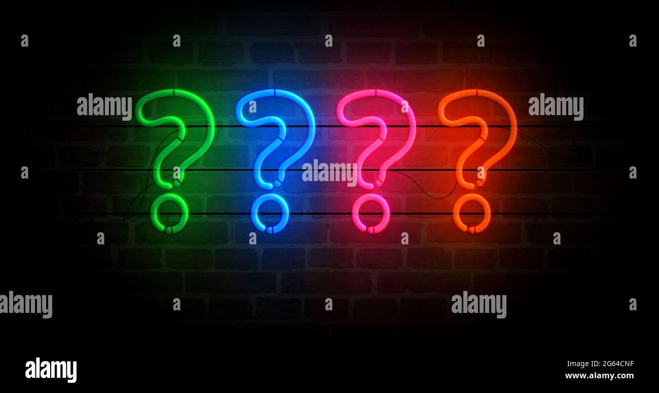 Question mark neon symbol. Light color bulbs with quiz sign. Abstract ...
