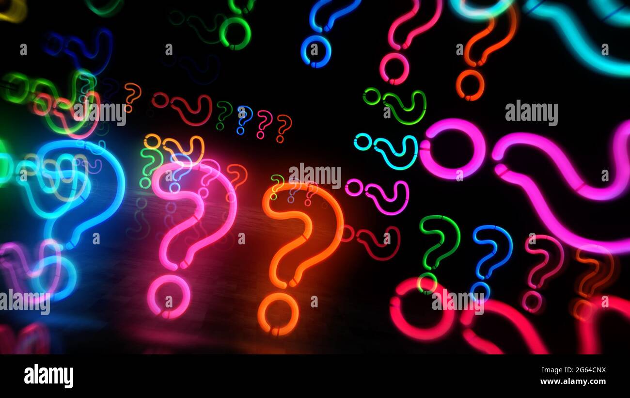 Question mark neon symbol. Light color bulbs with quiz sign. Abstract concept 3d illustration. Stock Photo