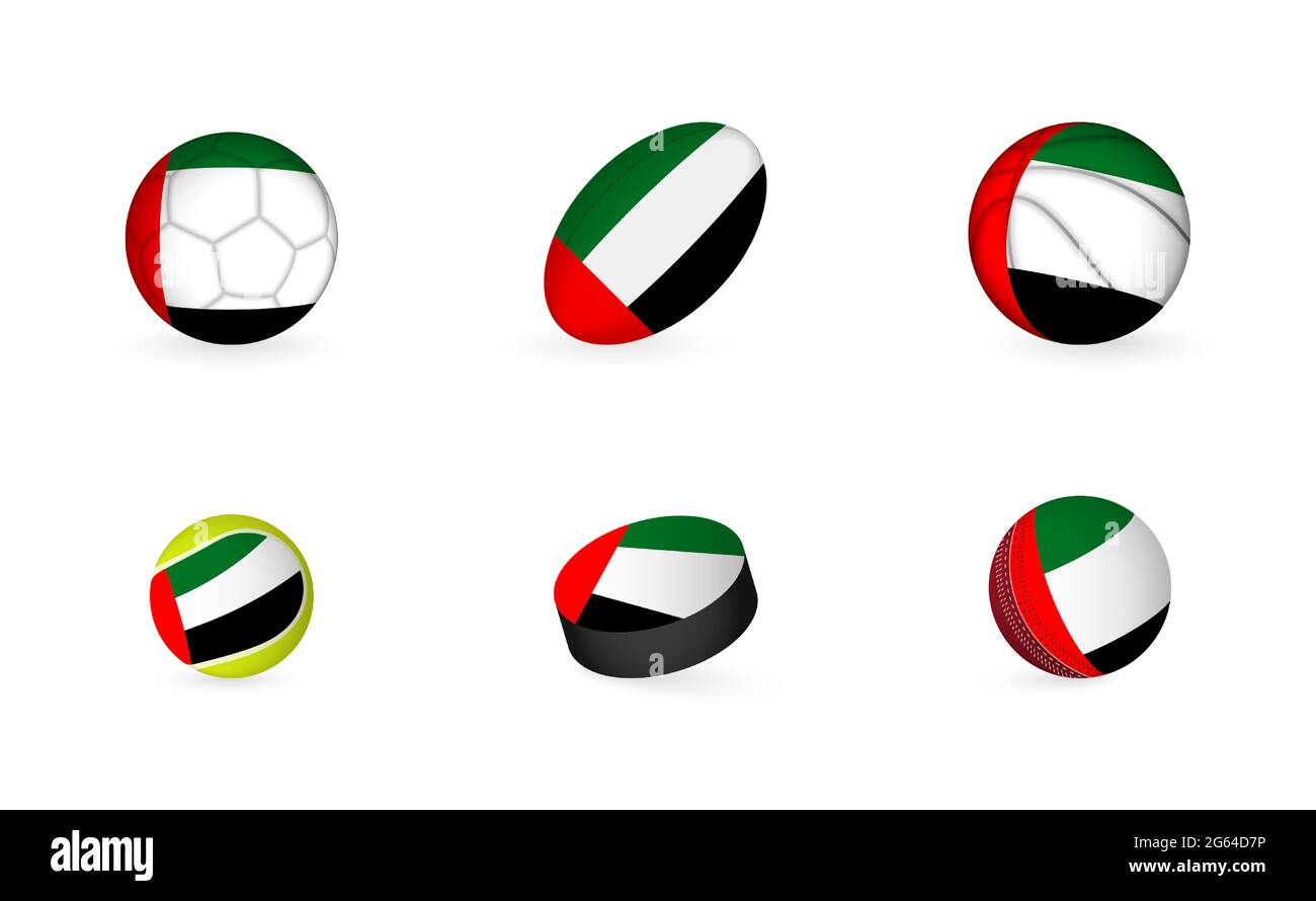 Sports equipment with flag of United Arab Emirates. Sports icon set of