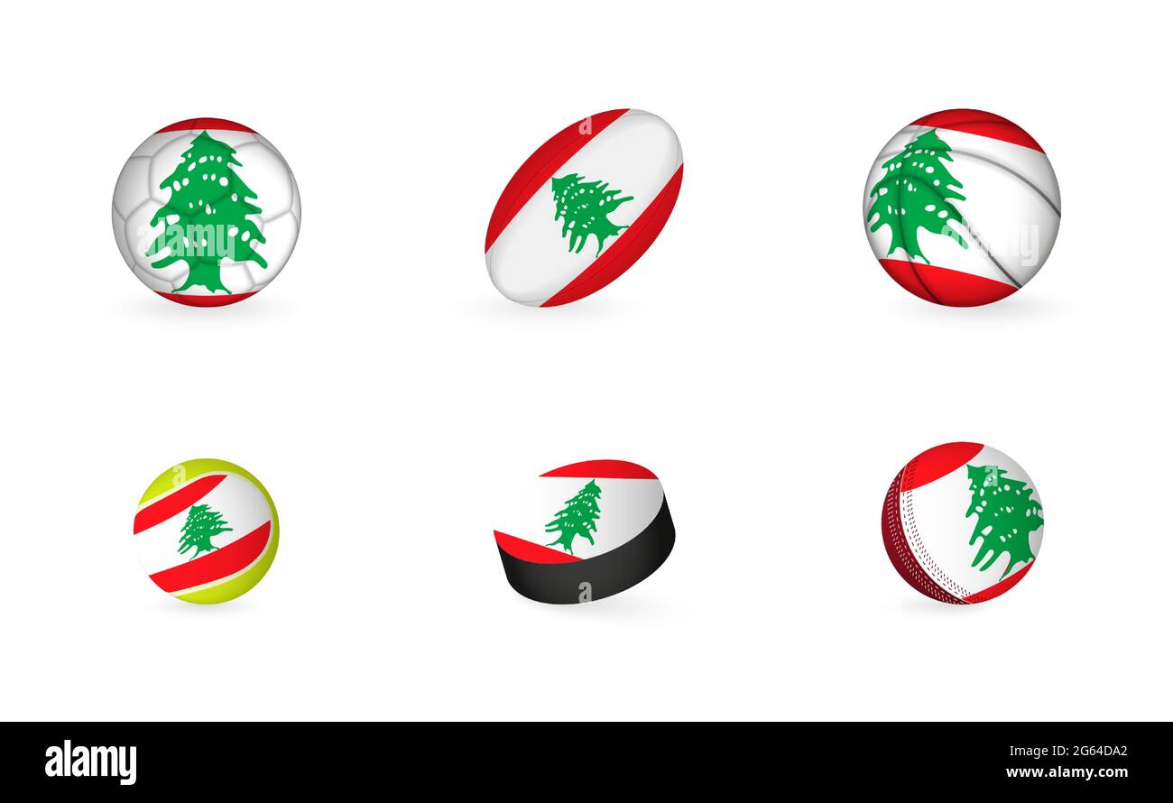 Sports equipment with flag of Lebanon. Sports icon set of Football