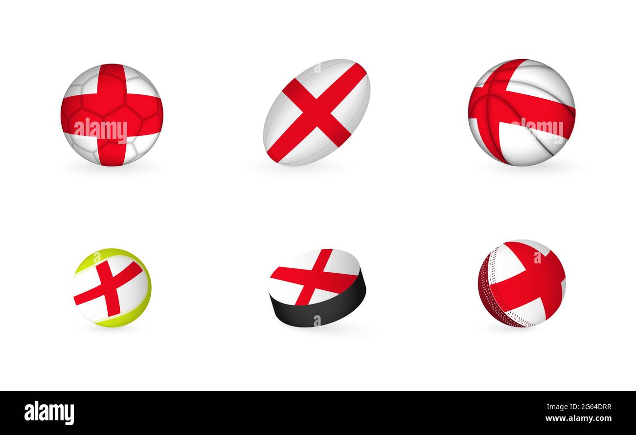 Sports equipment with flag of England. Sports icon set of Football, Rugby, Basketball, Tennis, Hockey, Cricket. Stock Vector