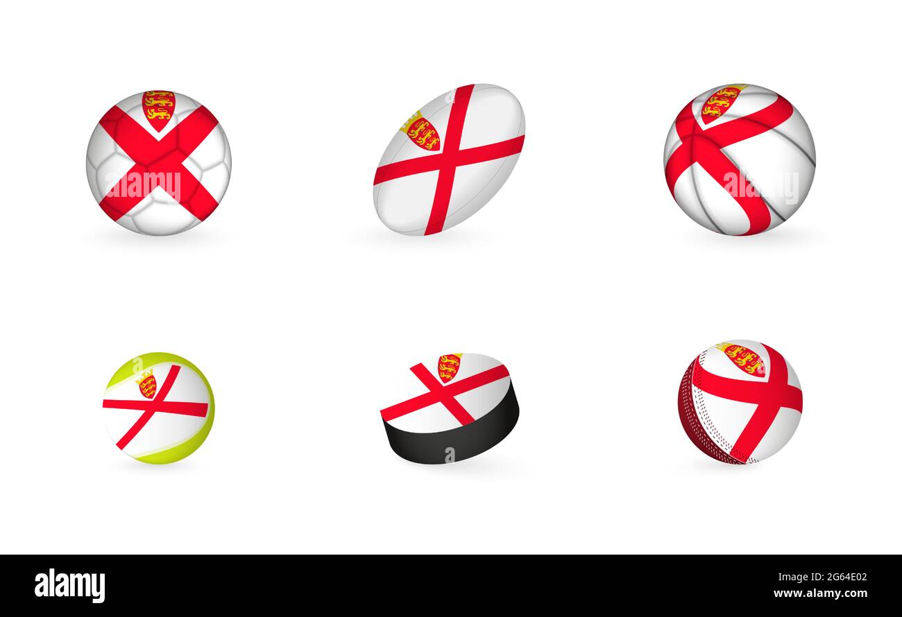 Sports equipment with flag of Jersey. Sports icon set of Football, Rugby, Basketball, Tennis, Hockey, Cricket. Stock Vector